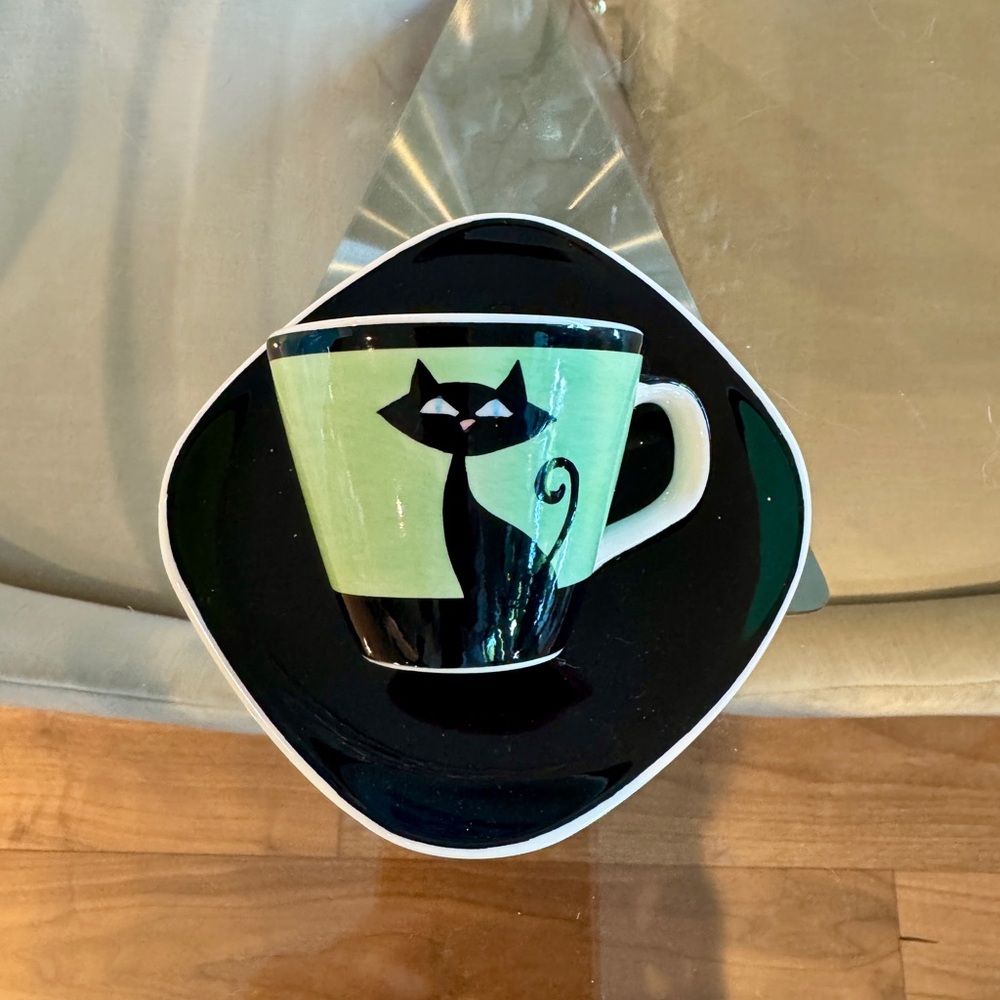 Black Cat Design Coffee Cup and Saucer Set